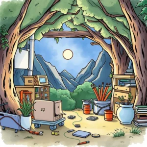 A serene workspace in nature, filled with tools and materials for engineering projects.