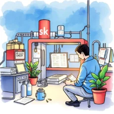 A quality assurance engineer reviewing reports in a well-equipped engineering department.