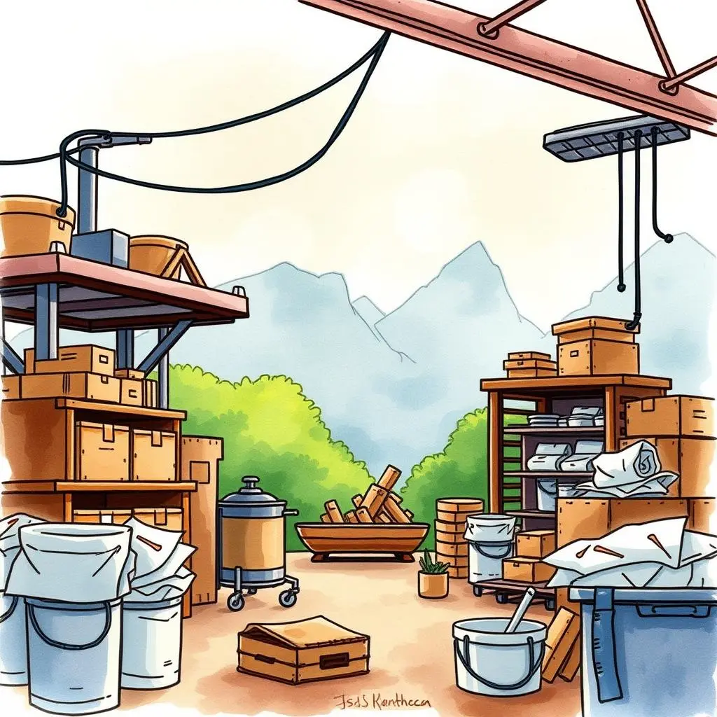 Boxes and tools in a manufacturing setting, illustrating a workspace for memo generation.