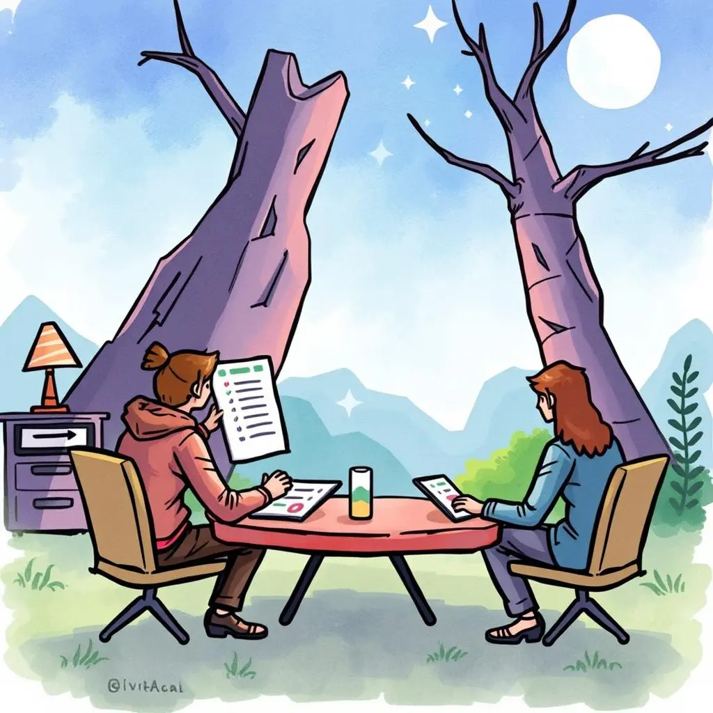 Consensus statement formulator: Craft statements for team agreement on approvals 1 Two professionals collaboratively reviewing documents outdoors by a table.