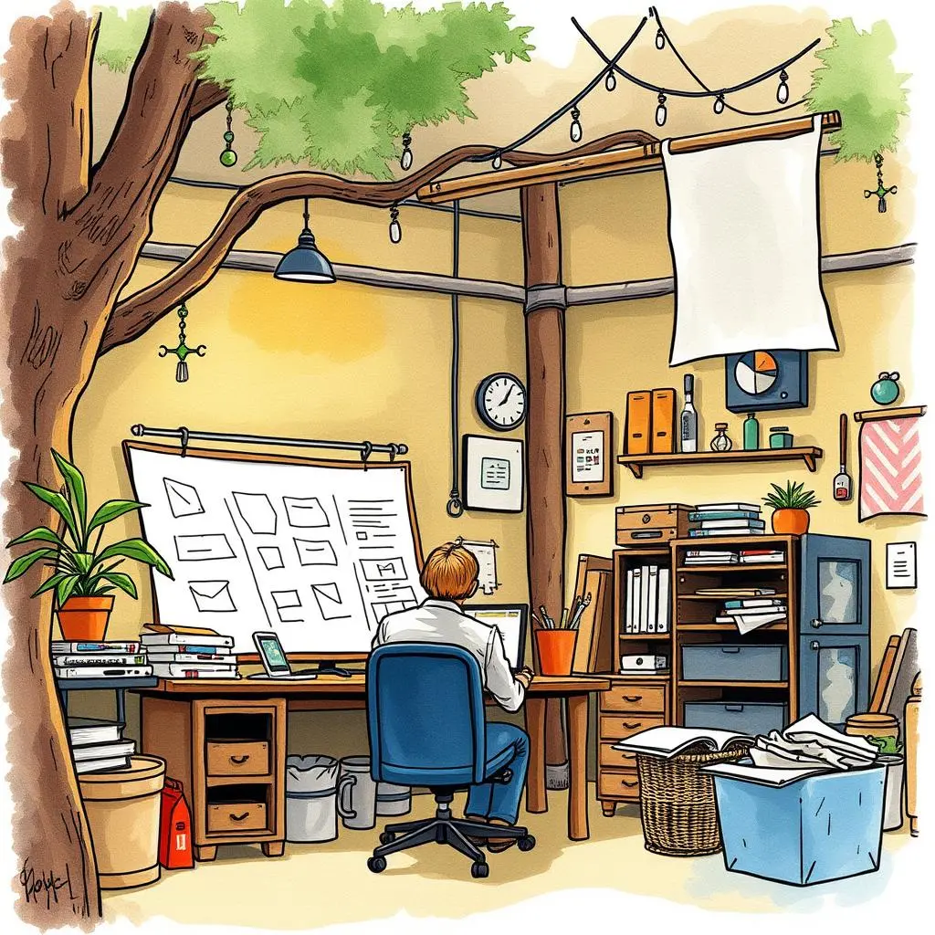 Product feature generator: Generate innovative product ideas and features 1 A creative workspace showcasing brainstorming for innovative product features.