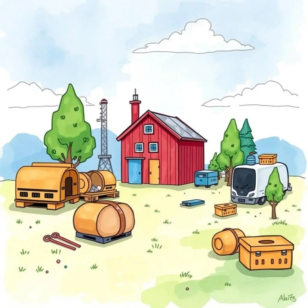 Product requirement comparator: Compare gathered requirements against competitors' products 1 A colorful farm scene with equipment, buildings, and trees, symbolizing production planning.