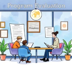 Program Evaluation meeting with professionals discussing CSR initiatives in a modern office setting