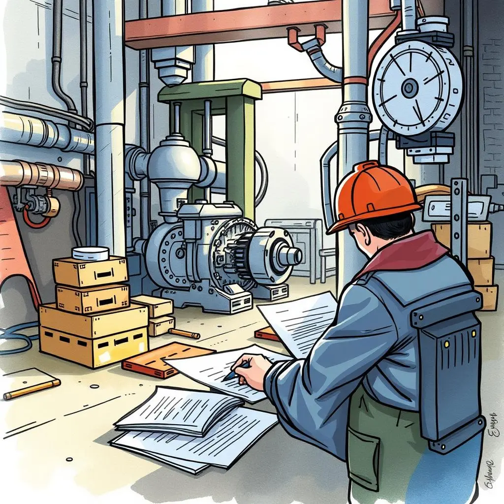 Action item tracker: Generate reports on action items and responsibilities 1 Worker reviewing action items amidst engineering equipment in a project management setting.