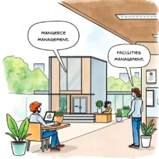 A modern office scene depicting a conversation about management roles in a well-lit environment featuring plants.