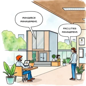 Change benefits clarifier: Articulate benefits of changes for stakeholders 9 A modern office scene depicting a conversation about management roles in a well-lit environment featuring plants.