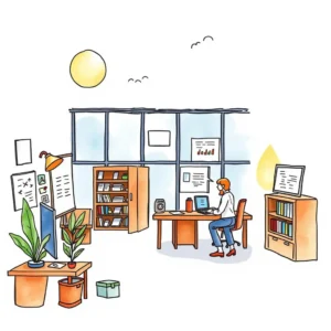 A bright office scene illustrating a professional working with a computer, enhancing communication processes.