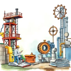 Engineer reviewing project notes with machinery and tools in background.