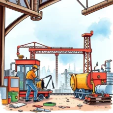 A construction worker operating equipment on a project site with cranes in the background