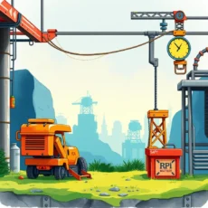 Cartoon of construction equipment on a mechanical project site.