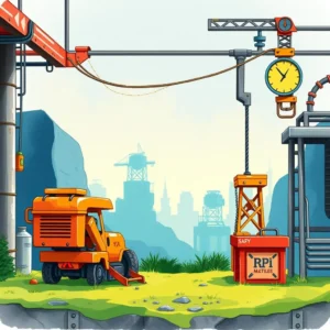 Cartoon of construction equipment on a mechanical project site.