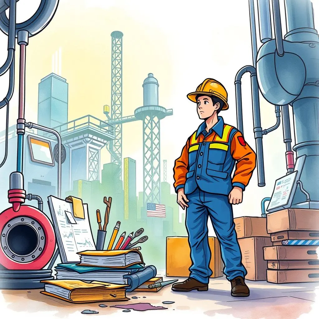Status review reporter: Automatically generate project status review reports 1 Engineer surveying project materials in an industrial setting with tools.
