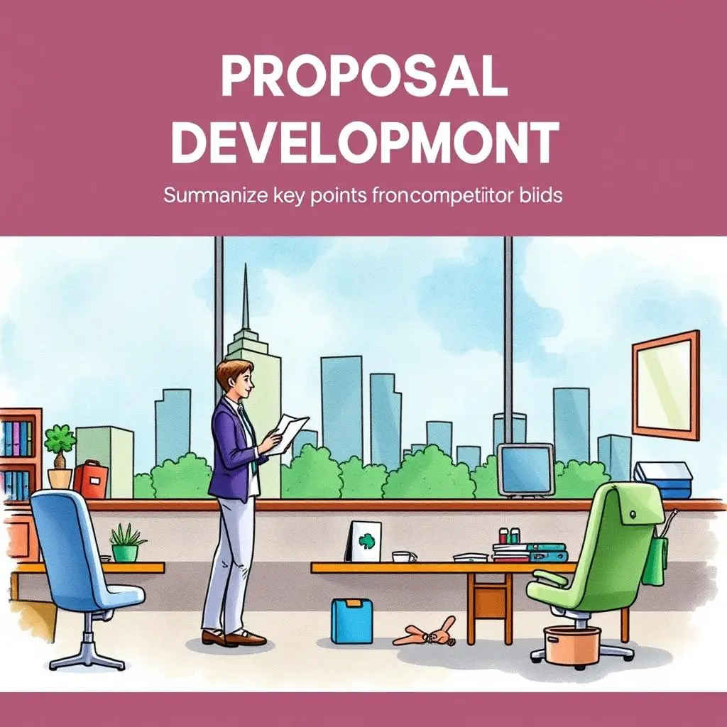 Bid analysis summary tool: Summarize key points from competitor bids 1 Bid Analysis Summary Tool in a modern office setting with a professional examining documents.
