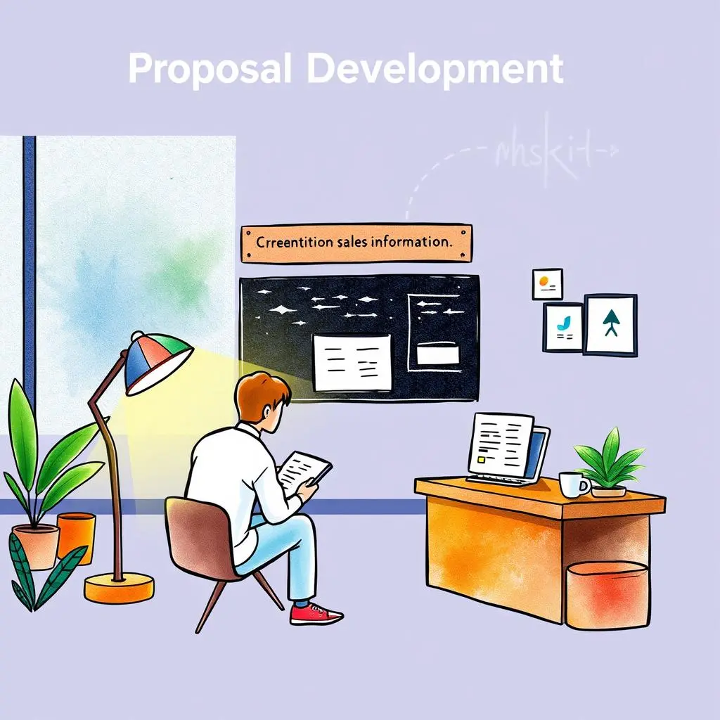 Data collection assistant: Streamline gathering essential sales information 1 Person using a computer for sales proposal development in an office setting.