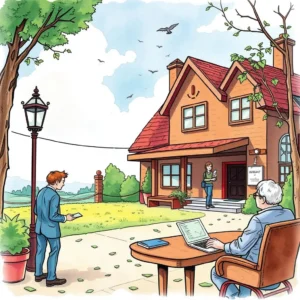 A person analyzing data while another engages at a house, representing stakeholder communication and collaboration in sales.