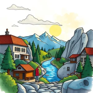 A scenic landscape featuring mountains, a river, and a person walking, symbolizing proposal development inspiration.