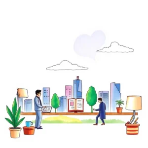 Proposal deadline reminder: Automate submission deadlines for timely proposals 10 A professional setting with two men discussing proposals among a cityscape and greenery.