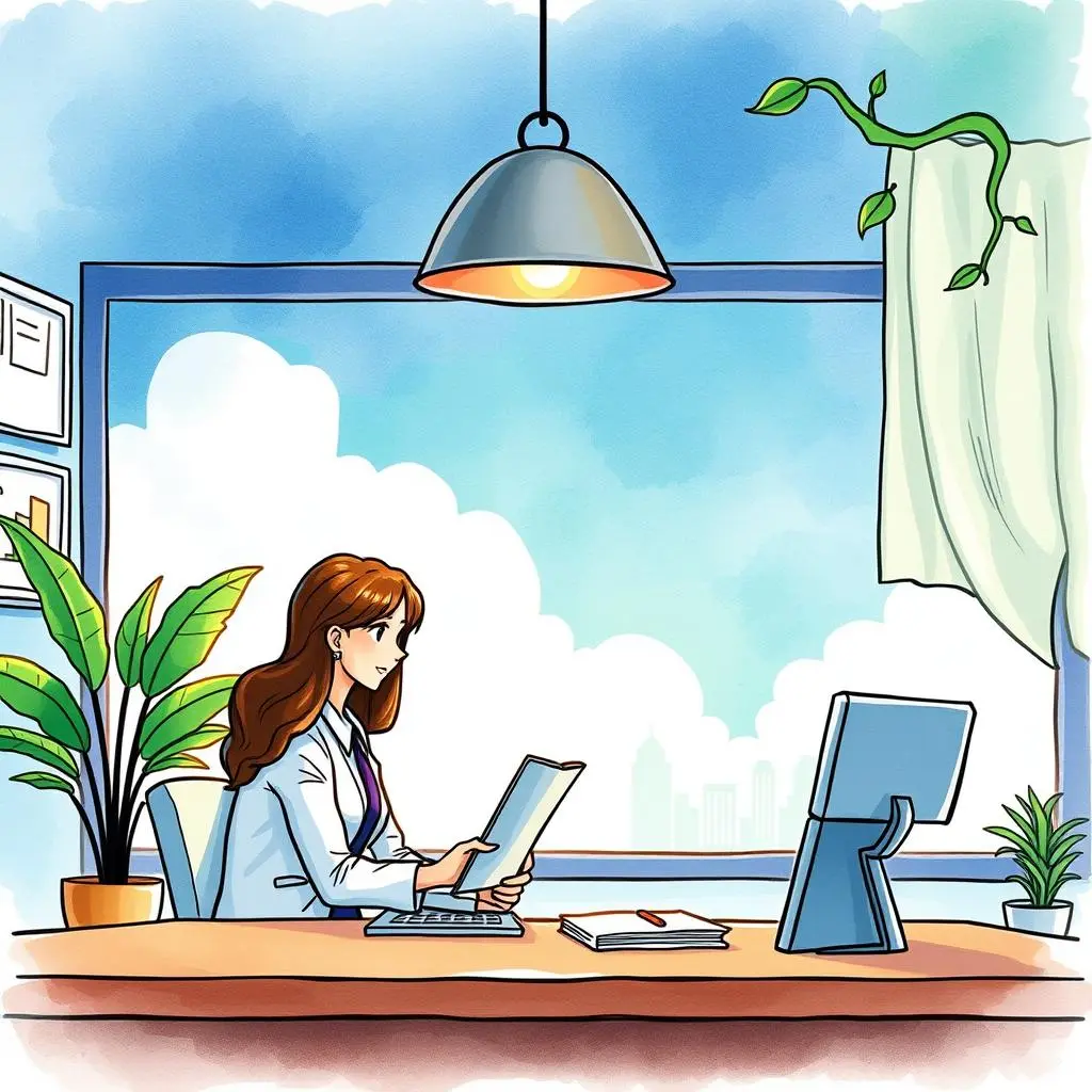 A professional woman analyzes proposals in a bright office, showcasing the Proposal Insight Generator tool.