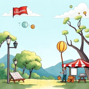 A person holds a yellow balloon at a vibrant outdoor setting with trees and mountains in the background.