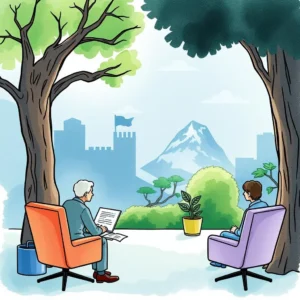 Refined proposal language tool being utilized by professionals in a serene outdoor setting