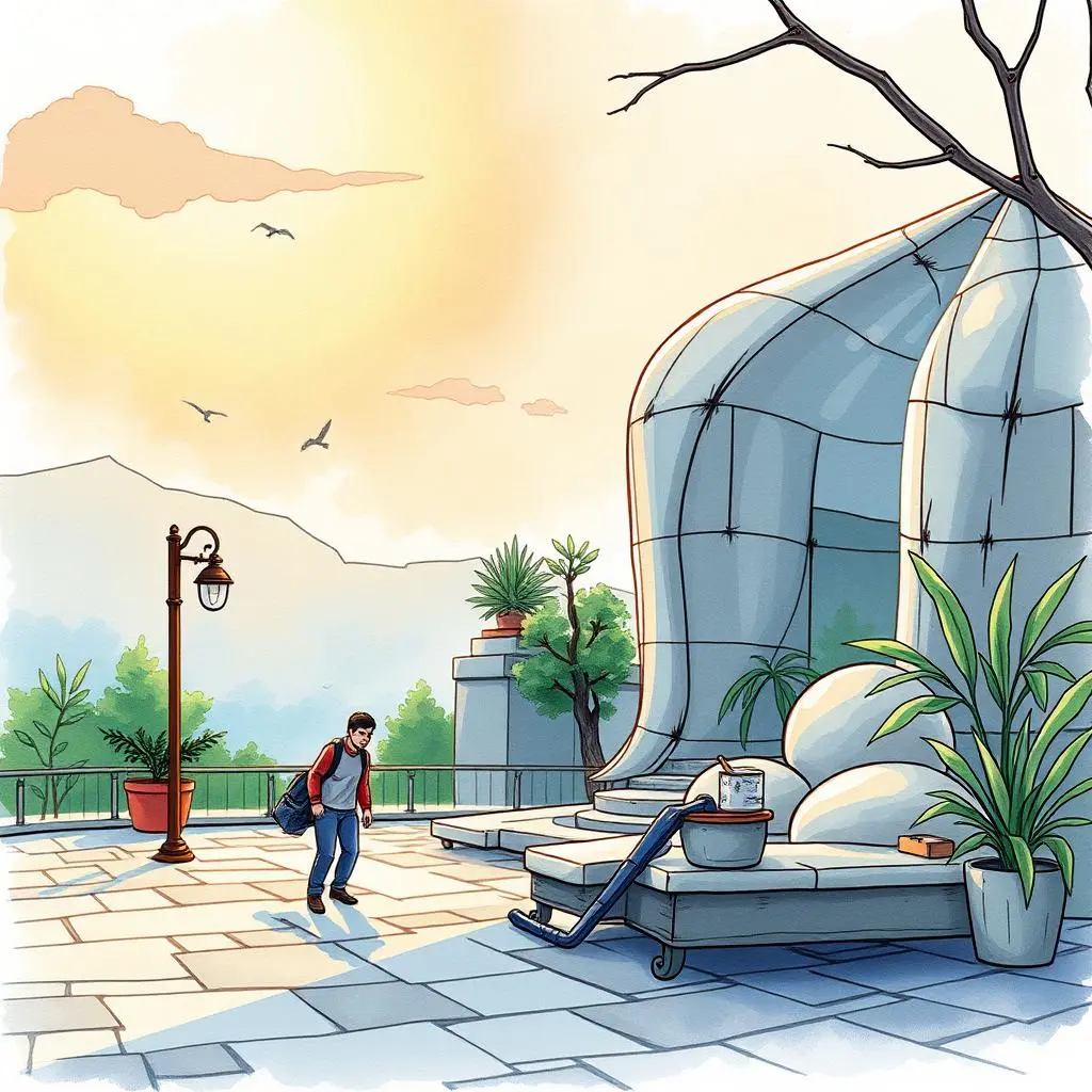 Smart proposal generator: Intelligent text generation for proposals 1 A person approaches a modern outdoor workspace with a serene backdrop of nature.