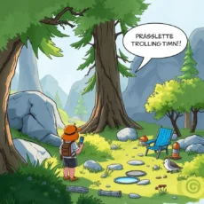 Adventurous character exploring a serene forest scene with a smartphone in hand and playful dialogue bubble above.