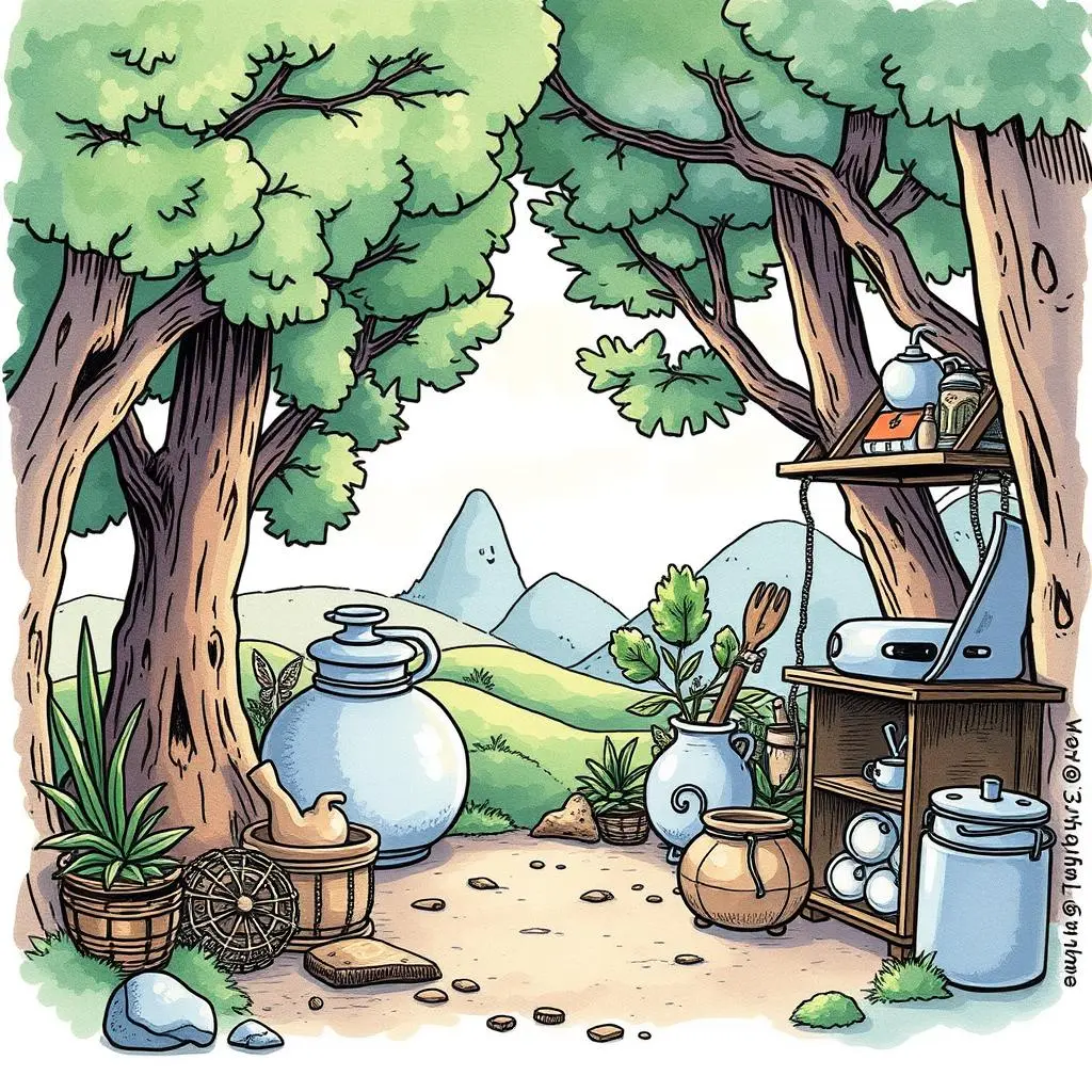 Eco-friendly material finder: Identify sustainable materials for development 1 A serene forest scene showcasing sustainable materials and tools for development.