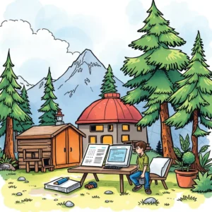 A serene outdoor workspace featuring a young person reviewing documents on a laptop amidst nature.