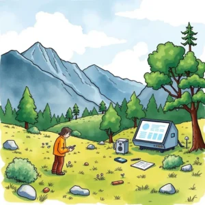 A person using a device in a natural setting for data analysis on test results.