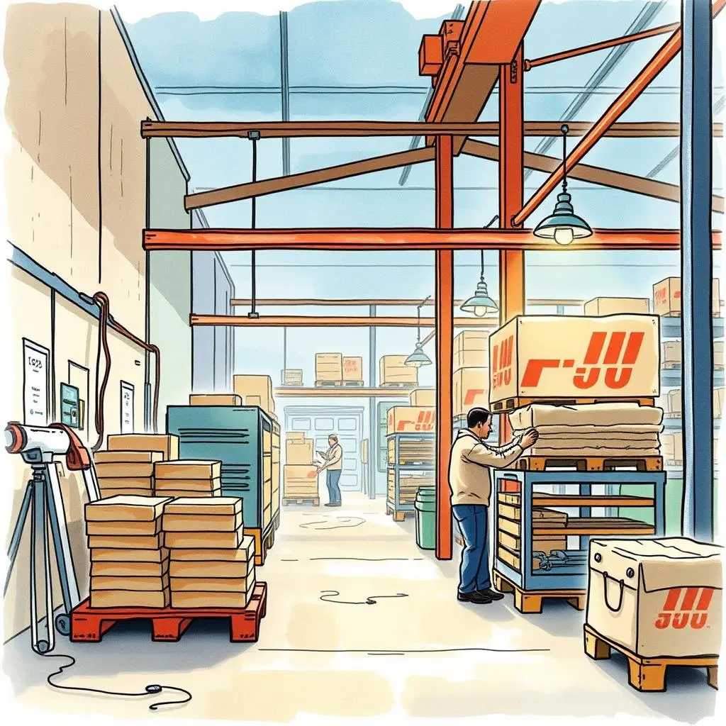 Efficiency score evaluator: Assess lean manufacturing efficiency metrics 1 Efficient manufacturing workspace with workers organizing inventory and using tools for production metrics assessment.