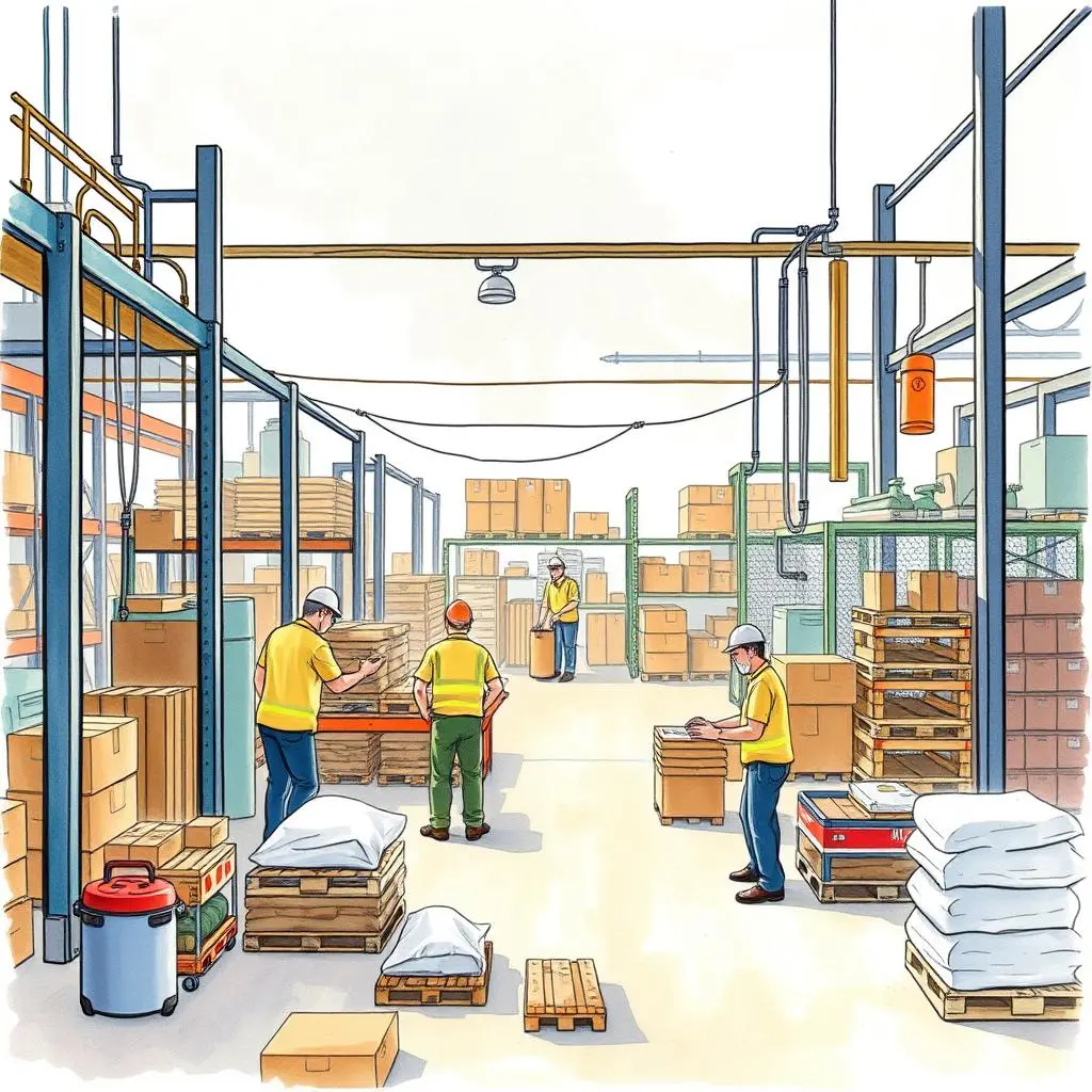 Kaizen event proposal generator: Develop proposals for improvement events and workshops 1 Workers organizing inventory in a manufacturing warehouse setting.