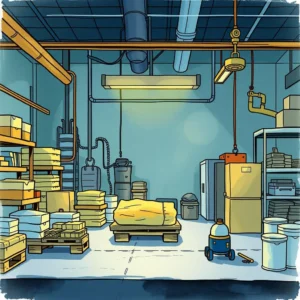 A cluttered manufacturing warehouse featuring pallets, storage boxes, and production equipment