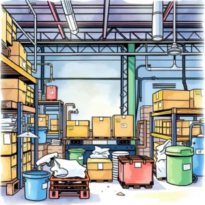 Colorful warehouse scene illustrating pull system organization and efficiency.