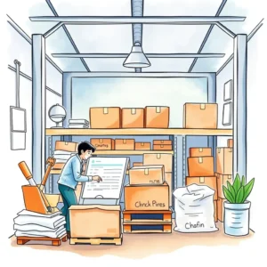 Purchase Order Sender in a warehouse, showcasing a worker managing inventory and orders.