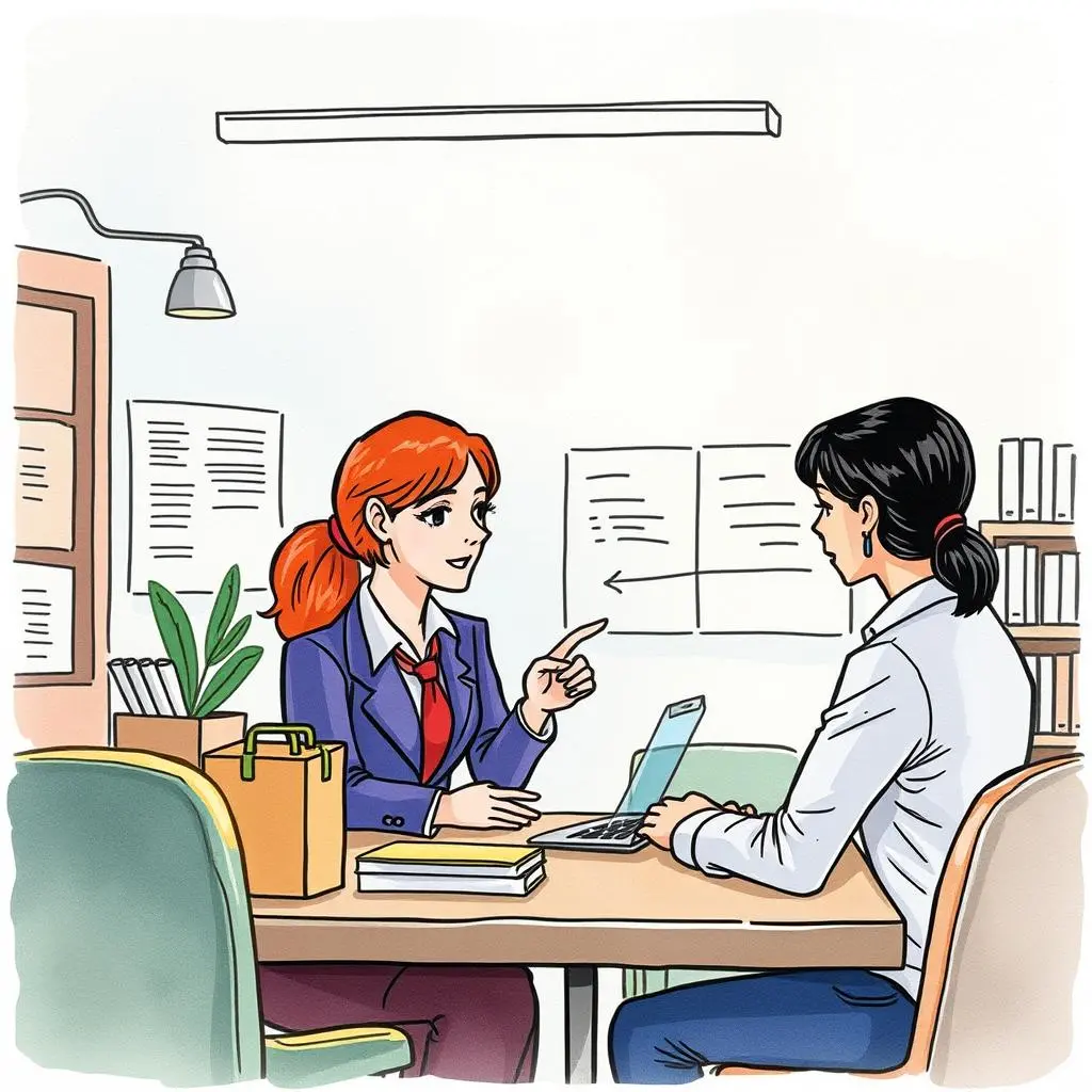 Need identificator: Generate clear purchase requirements@@"Request Clarifier 1 A professional discussion between two women focused on purchase requisition needs