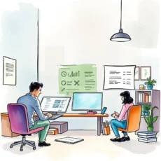 Competency Framework Builder tool in an office with a man and woman collaborating on screens.
