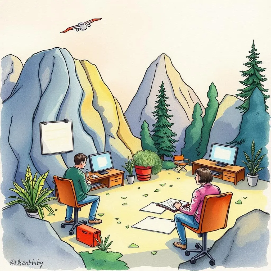 Evaluation criteria designer: Generate assessment criteria for training programs 1 Two professionals evaluating training criteria in a serene mountain setting.