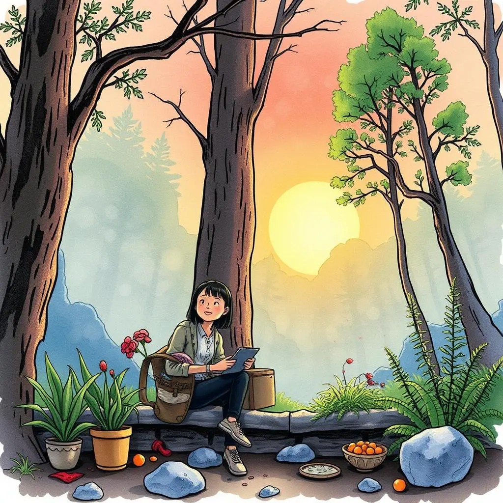 A young woman analyzing data on a tablet amidst a serene forest at sunset.