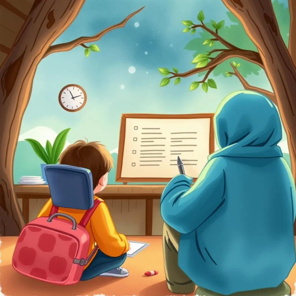 Interactive training scripts generator: Create scripts for training interactions 1 A child and an adult review an interactive training script in a serene, nature-inspired setting