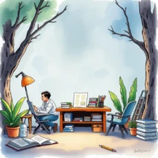 A person working at a desk surrounded by books and plants.