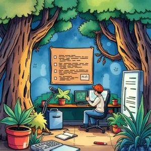 A person validates test data inputs in a creative workspace surrounded by greenery.