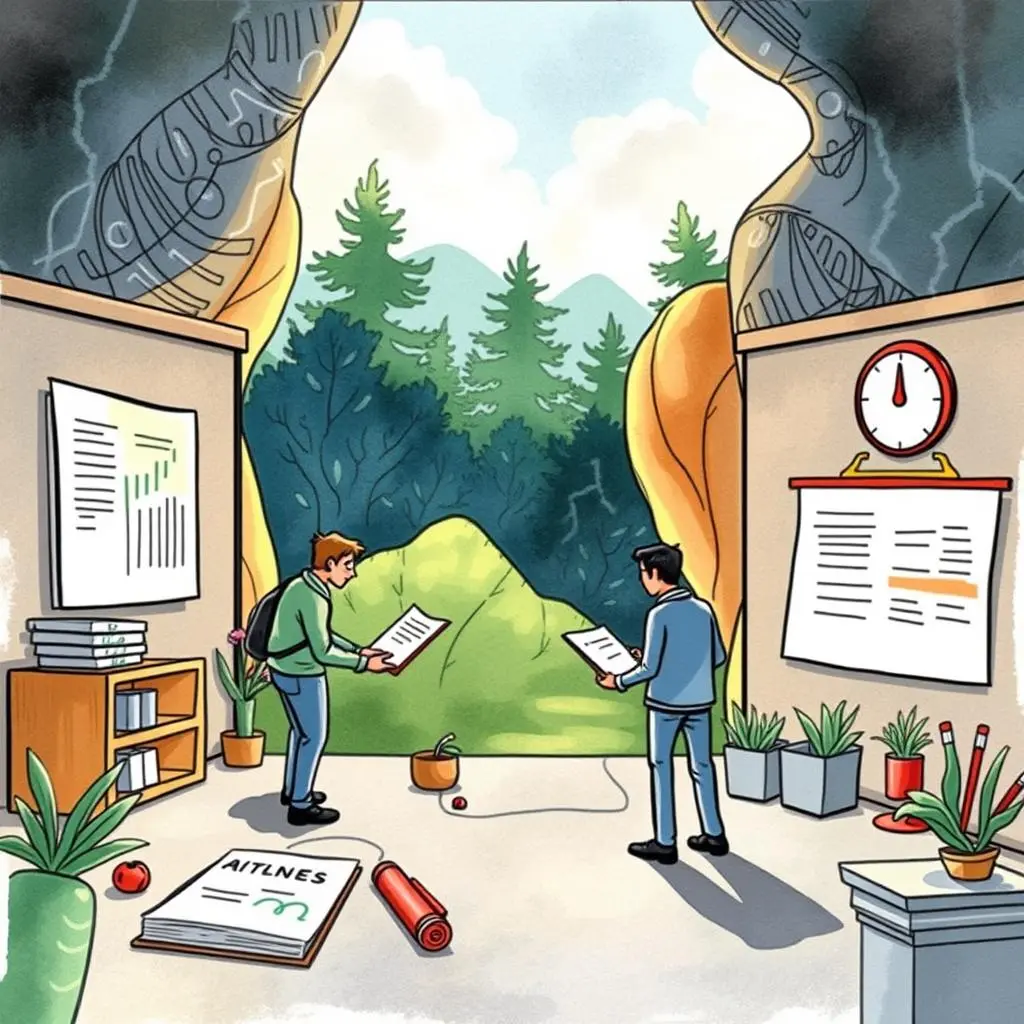 Test result evaluator: Analyze and summarize test results for insights 1 Two professionals analyze test results in a serene, nature-filled setting.
