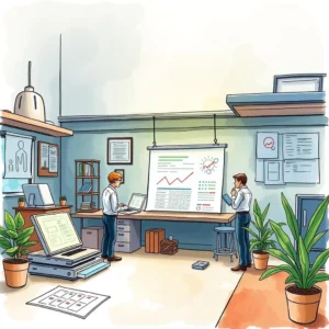 Two professionals collaborating on quality report enhancements in an office.