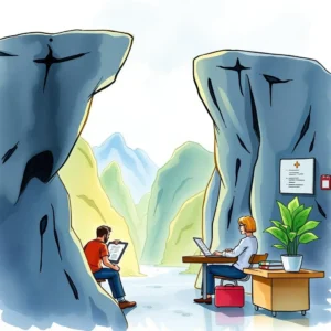 Two professionals reviewing documents in a serene, mountainous landscape.