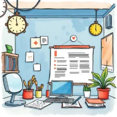 A vibrant office workspace showcasing tools for quality audit tasks.
