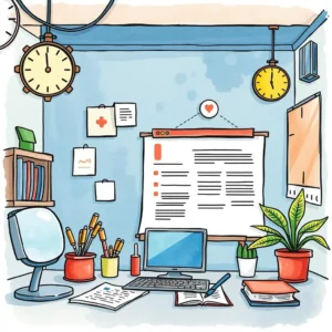 A vibrant office workspace showcasing tools for quality audit tasks.
