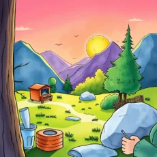 A vibrant landscape depicting a mountain scene with a setting sun and trees, emphasizing tranquility.