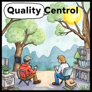 Quality Control meeting in a serene outdoor setting with two professionals discussing tasks.