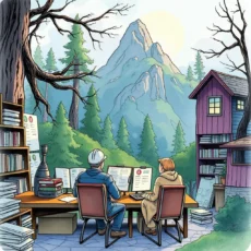 Analyzing feedback outdoors, two professionals focus on reports with a scenic mountain backdrop.