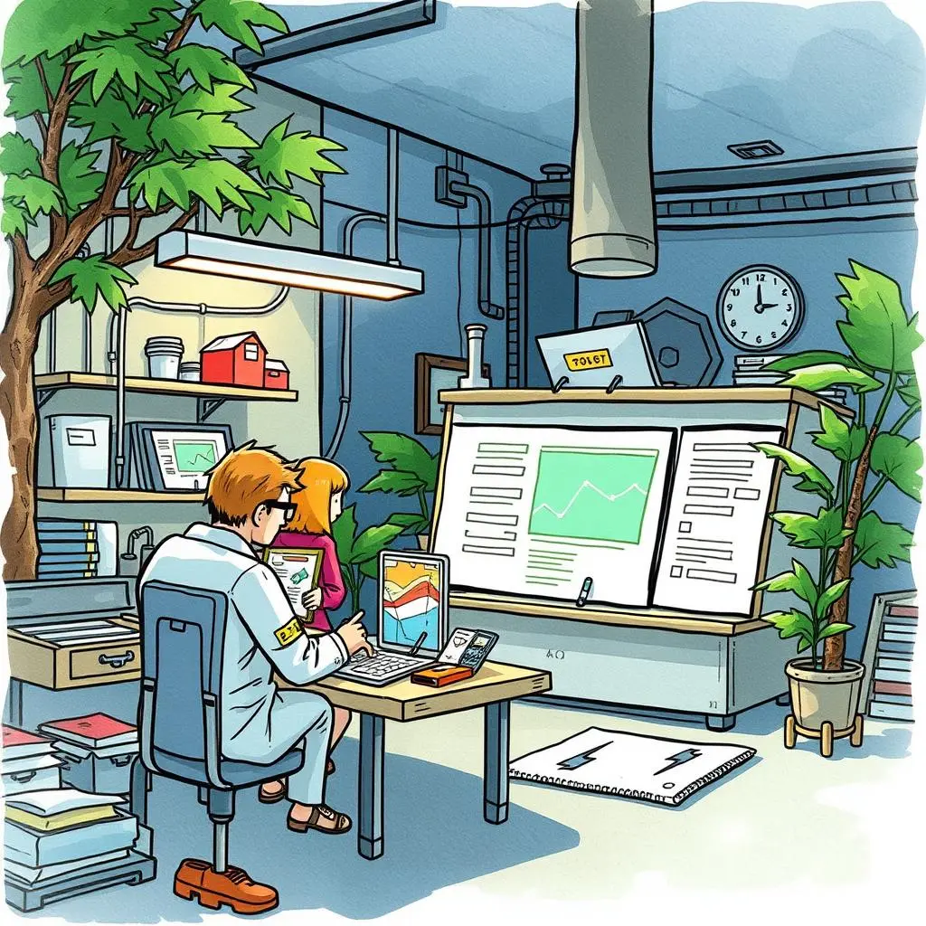 Functional test analysis: Generate insights on test results 1 Two quality control inspectors analyze test results in a modern lab setting.